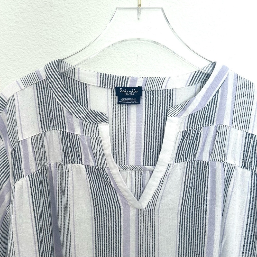 Splendid V-Neck Blouse Tunic Shirt Linen Striped 3/4 Sleeve Black White Size XXL - Picture 3 of 12